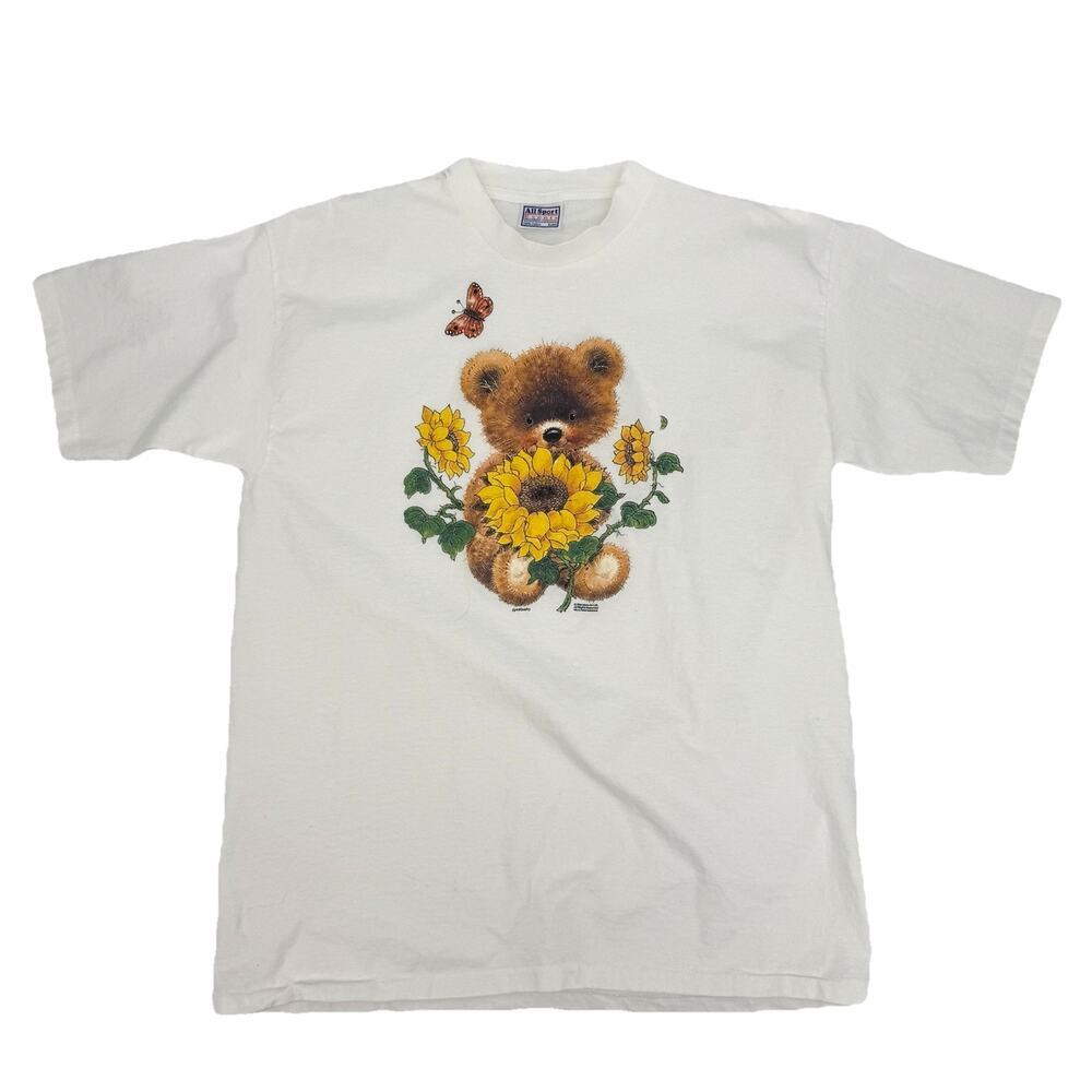 Vintage 90s All Events Off-White T-Shirt XL Cotton Teddy Bear Butterfly Country